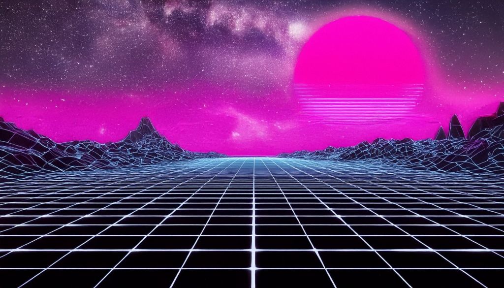 80s' Synthwave Sunset On Grid Line