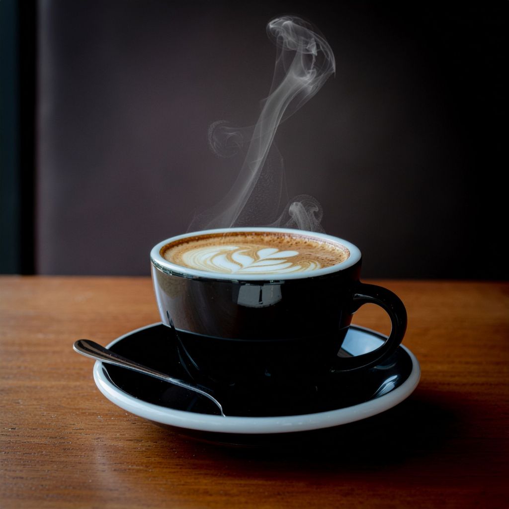 A Latte In A Black Cup With Steam On A Wooden Table