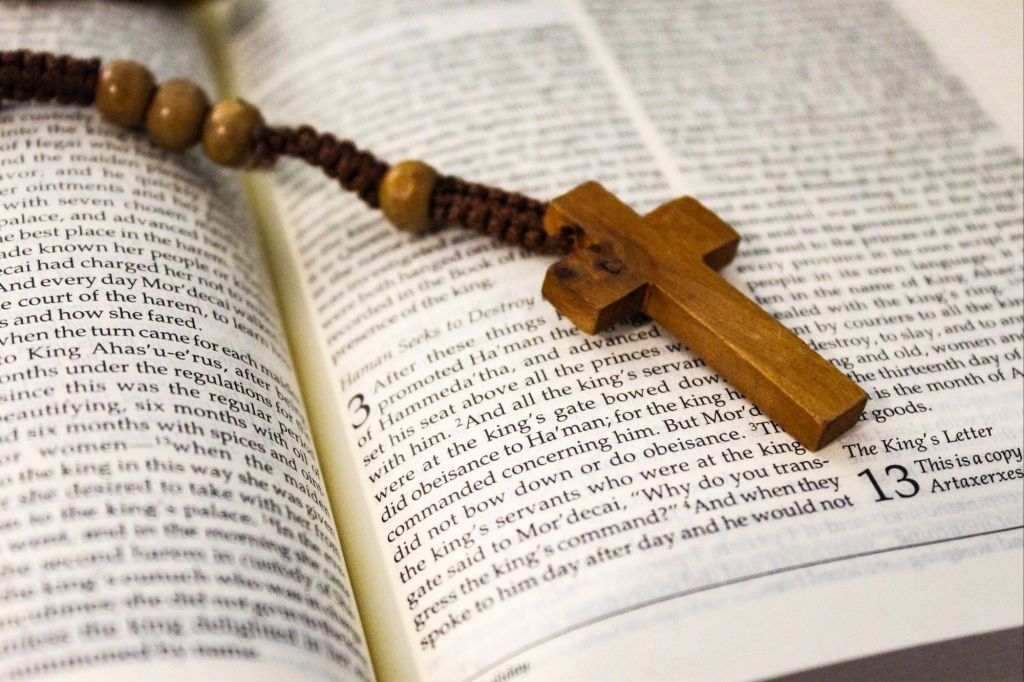 Crucifix Laying Across A Bible Page