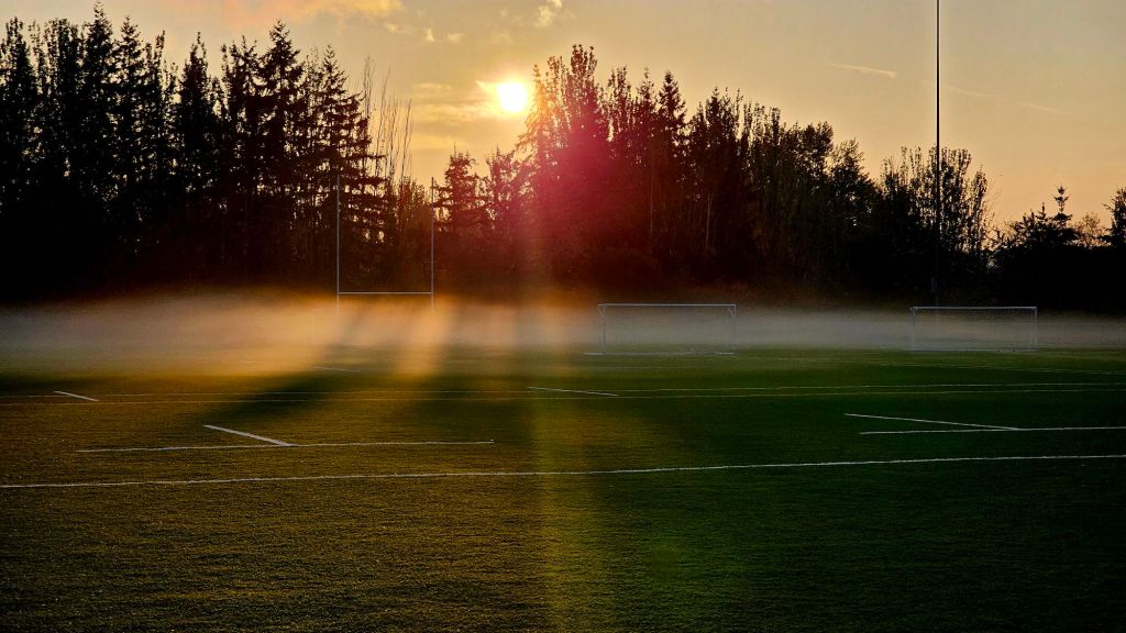 Sunrise Over A foggy Soccer Field