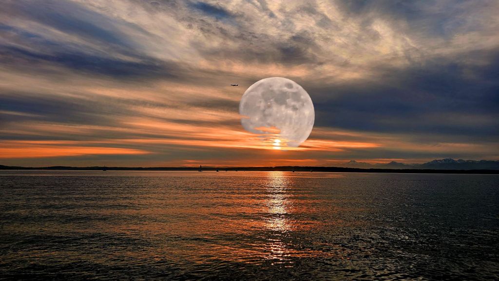 Orange Sunset At The Beach With Big Moon In The Sky Composite Image